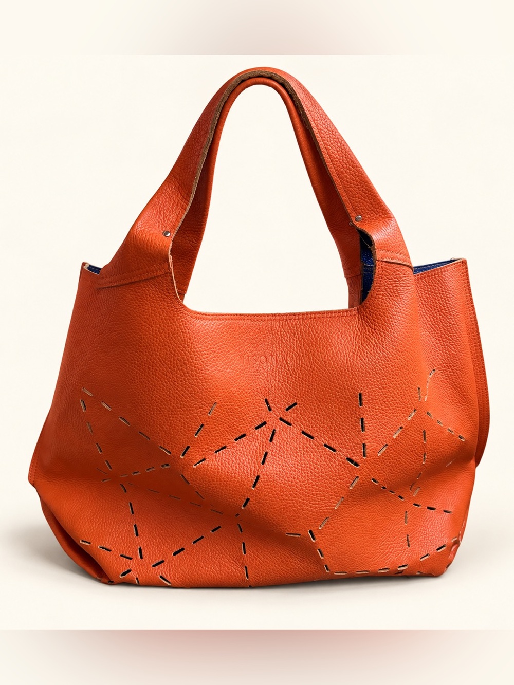 Plinio VisonΓ Smart Orange Pebbled Leather Shopper Tote Blue Interior Rare